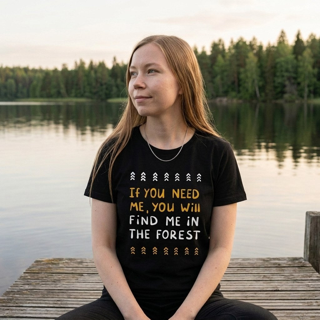 Woman on a lakeside pier wearing the black Forest Person t-shirt, Very Finnish Problems