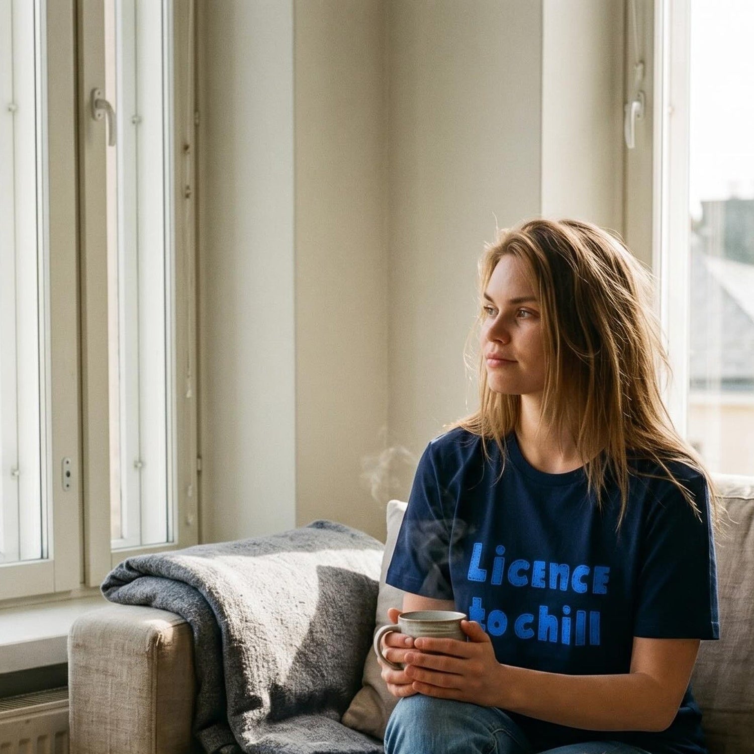 Licence to Chill t-shirt in navy, worn by a woman with a hot drink by a Helsinki window, Very Finnish Problems