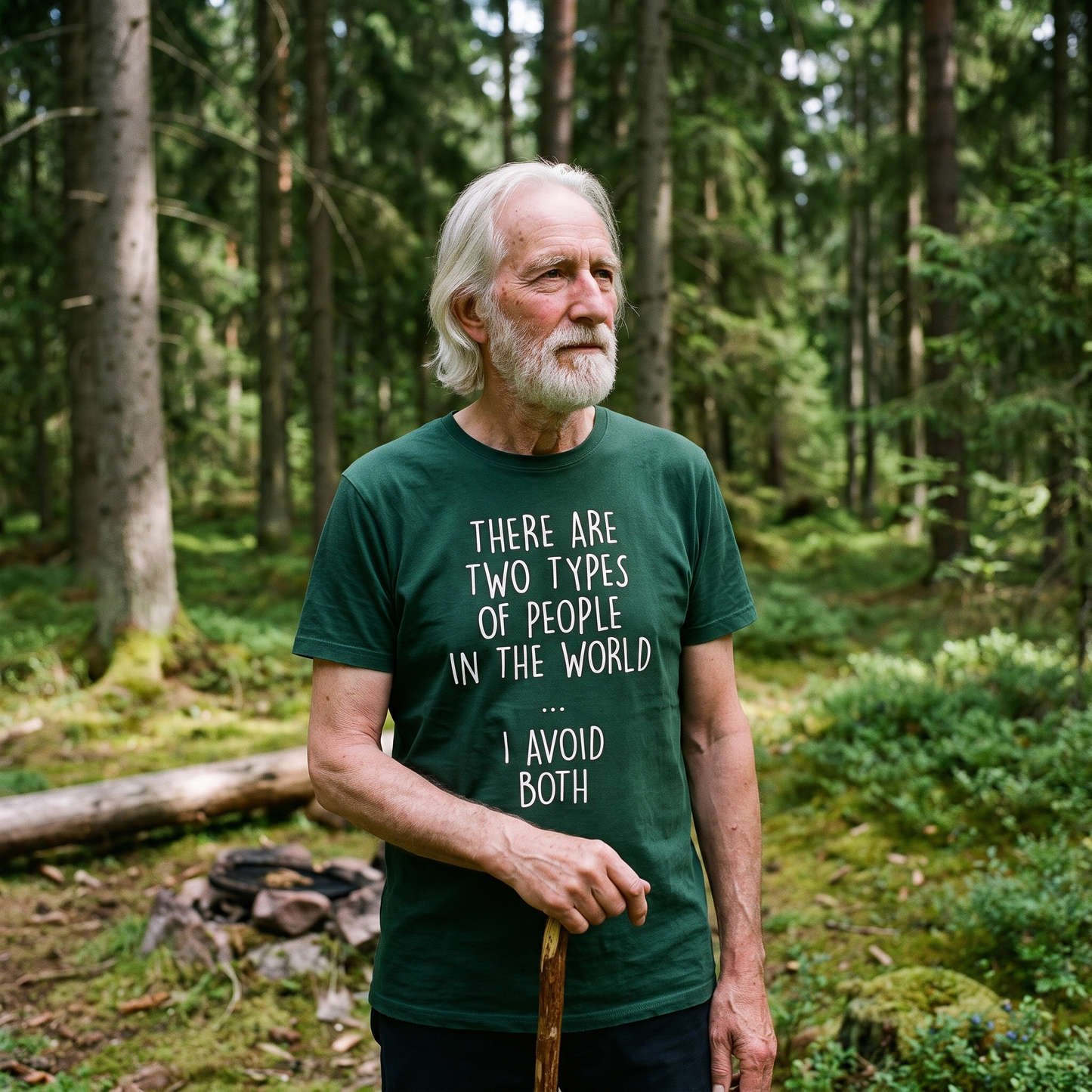 Two Types of People t-shirt in forest, worn by a man in a woodland clearing, Very Finnish Problems