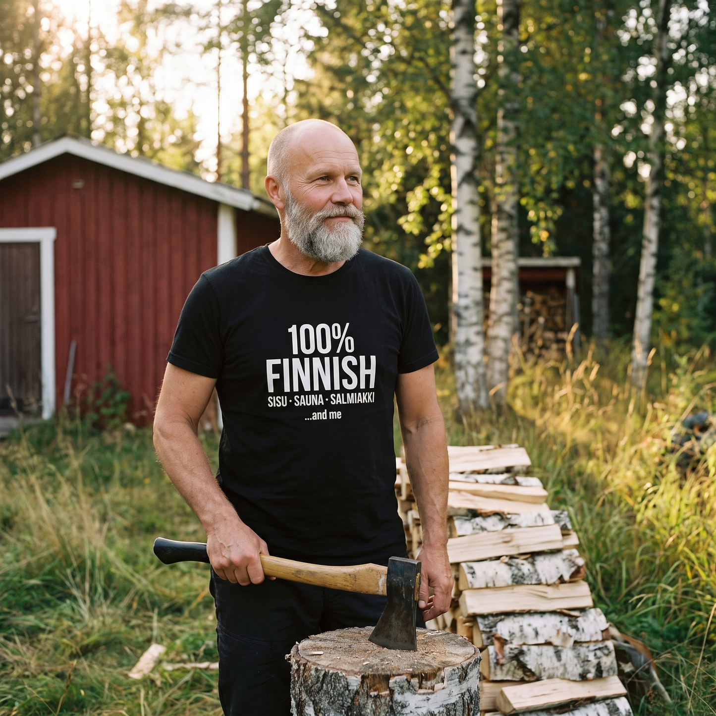 100% Finnish Sisu Sauna Salmiakki t-shirt in black, worn by a man splitting birch at a Finnish summer cottage, Very Finnish Problems