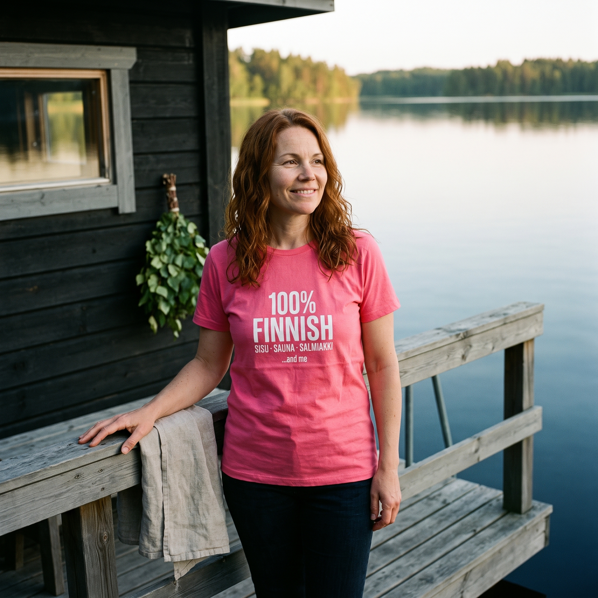 100% Finnish Sisu Sauna Salmiakki t-shirt in charity pink, worn by a woman on a lakeside sauna deck in Finland, Very Finnish Problems