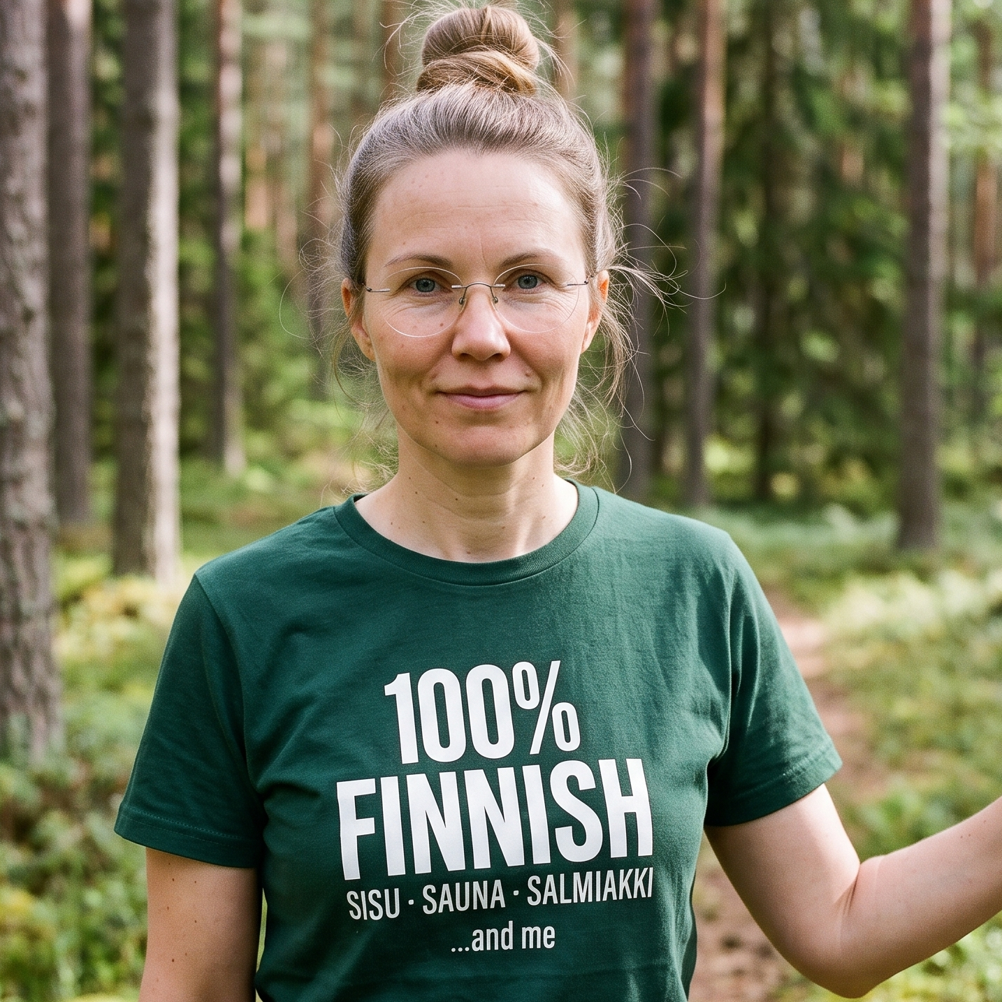 100% Finnish Sisu Sauna Salmiakki t-shirt in forest green, worn by a woman on a path in a Finnish pine forest, Very Finnish Problems