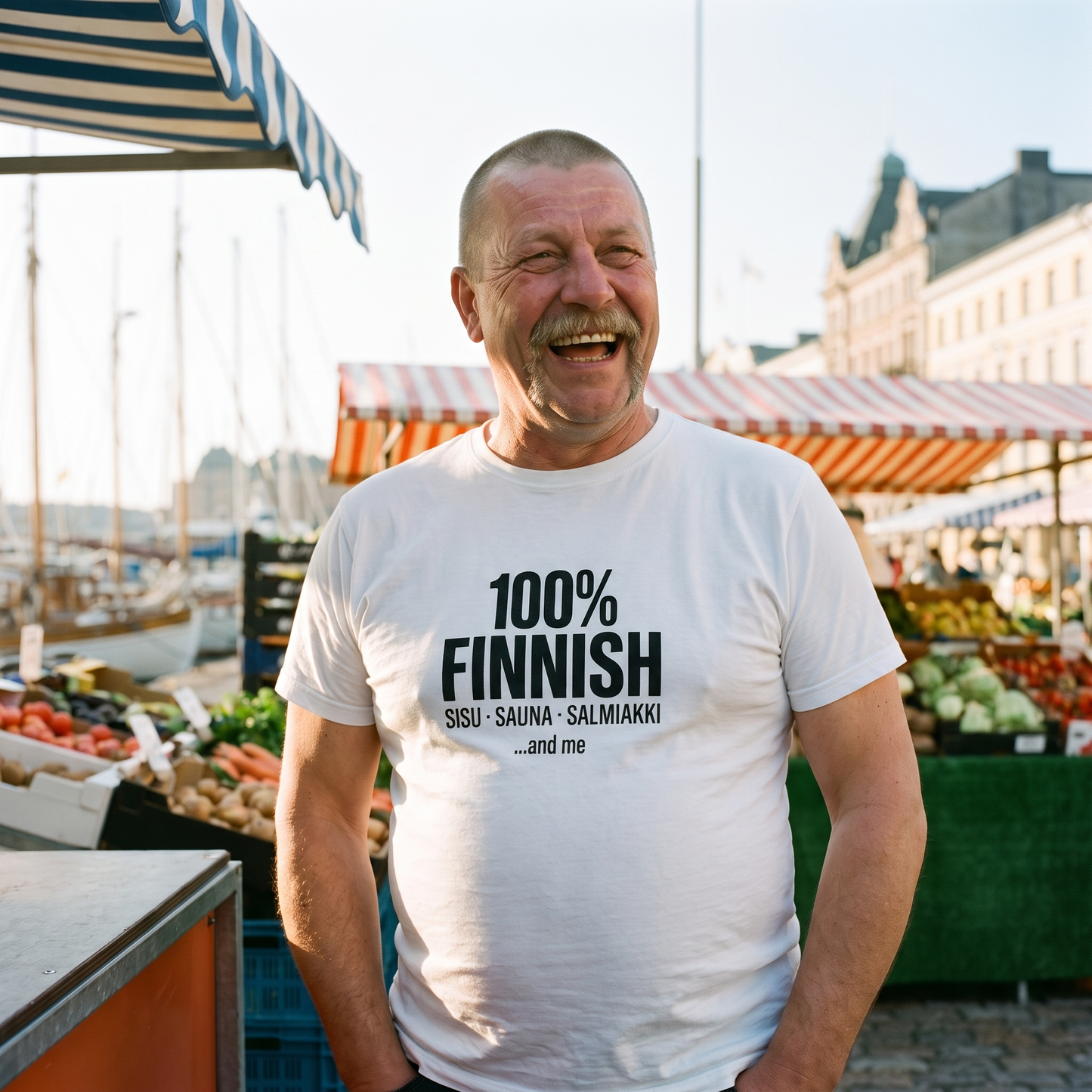 100% Finnish Sisu Sauna Salmiakki t-shirt in white, worn by a man laughing at Kauppatori market square in Helsinki, Very Finnish Problems