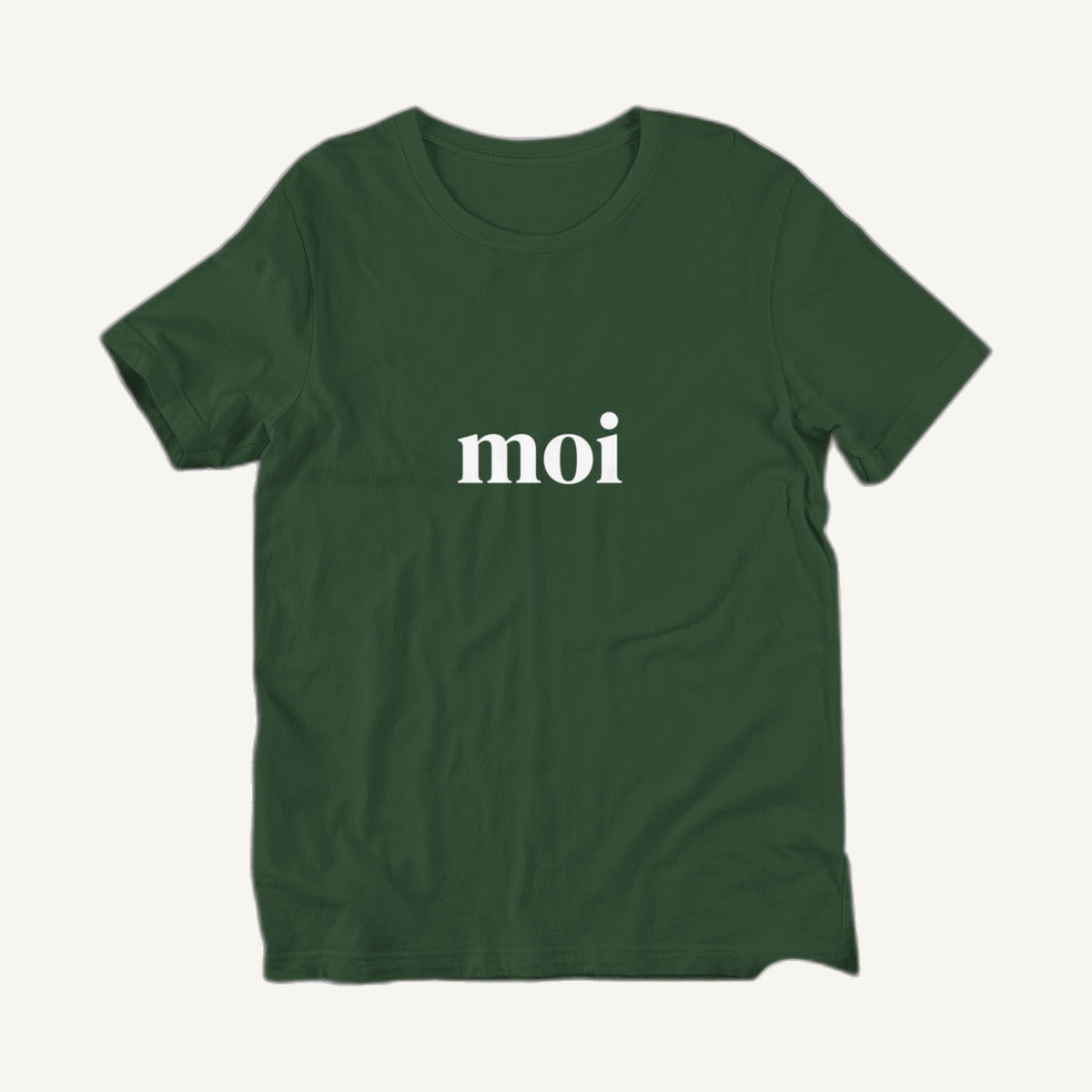 Moi Finnish greeting t-shirt in forest green, flat product photo