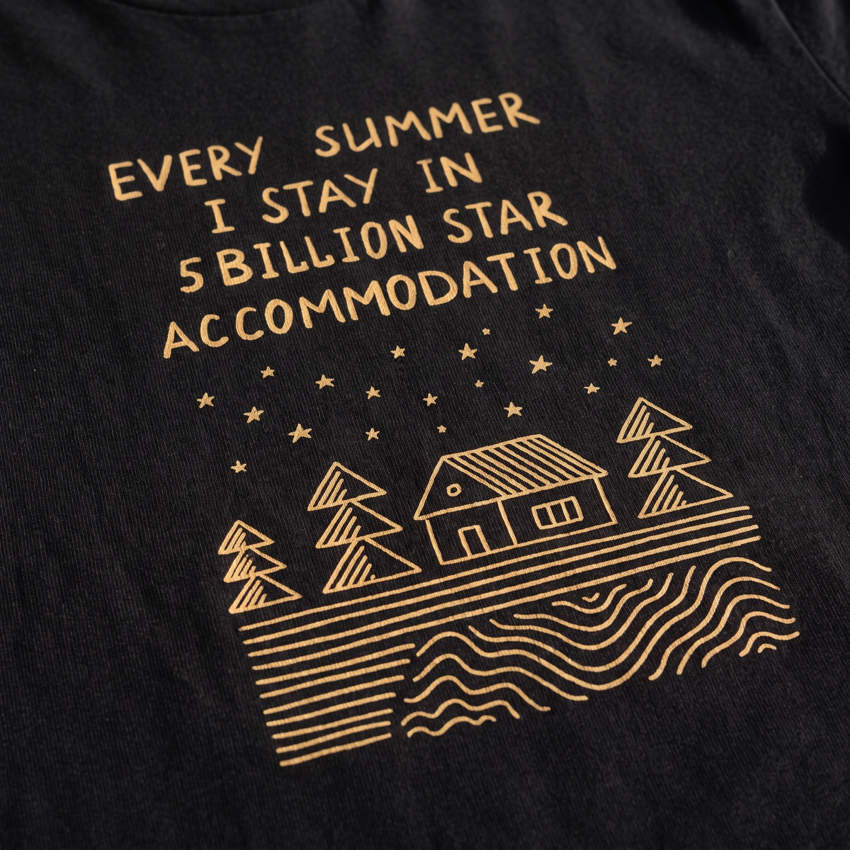 Close-up of the 5 Billion Star Accommodation print on black t-shirt fabric, Very Finnish Problems