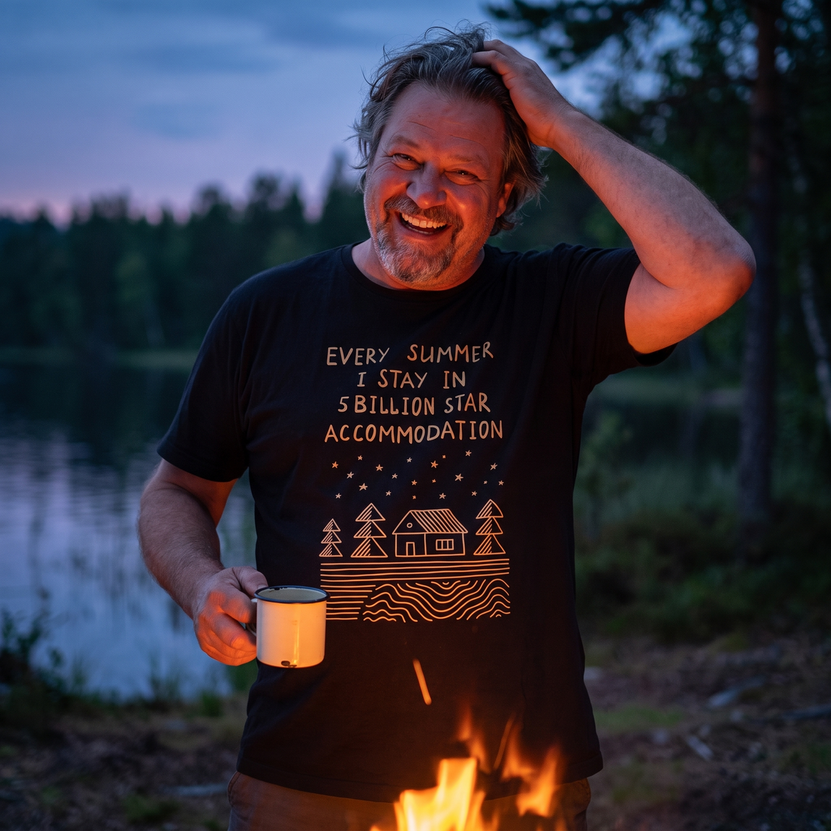 5 Billion Star Accommodation Finnish t-shirt in black, worn by Jojelli at a lakeside campfire, Very Finnish Problems