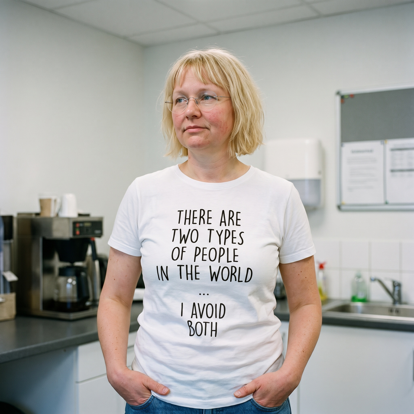 Two Types of People t-shirt in white, worn by a woman in an office kitchen, Very Finnish Problems