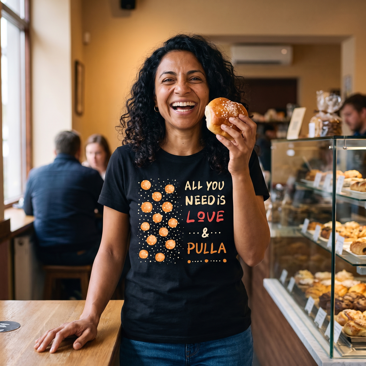 All You Need Is Love & Pulla t-shirt in black, worn by Nea laughing in a bakery cafe, Very Finnish Problems