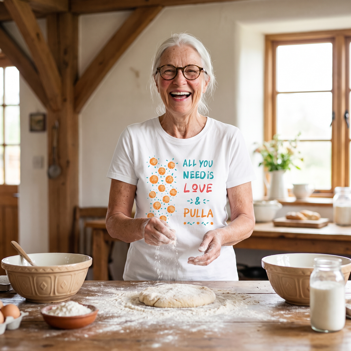 All You Need Is Love & Pulla t-shirt in white, worn by Raija baking at a floured table, Very Finnish Problems