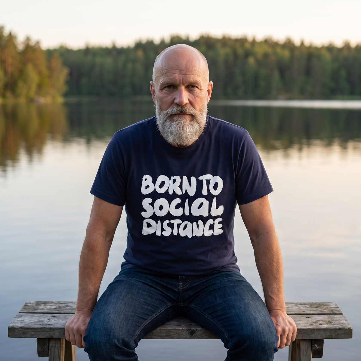 Born to Social Distance t-shirt in navy, worn by Mikko alone on a bench at the end of a lake jetty, Very Finnish Problems
