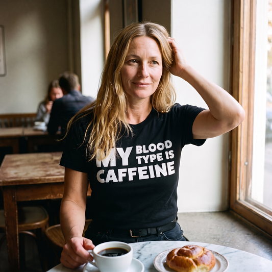 Caffeine Blood Type t-shirt in black, worn by Elina over a first coffee and a pulla in a Helsinki cafe, Very Finnish Problems