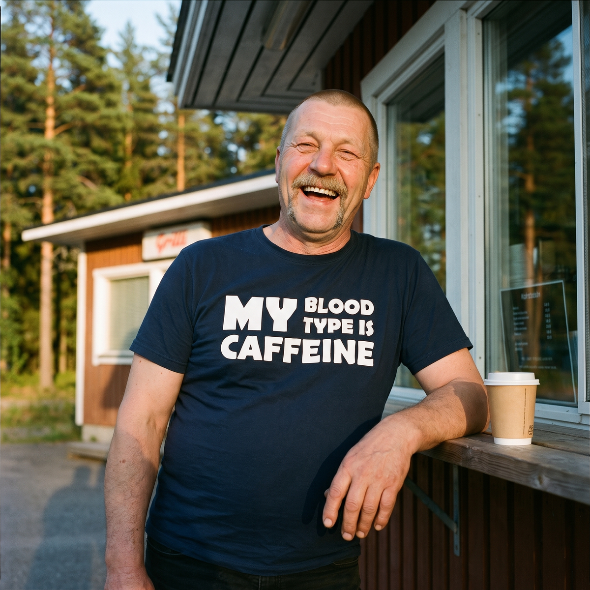 Caffeine Blood Type t-shirt in navy, worn by Juha laughing at a grilli kiosk counter on a summer evening, Very Finnish Problems