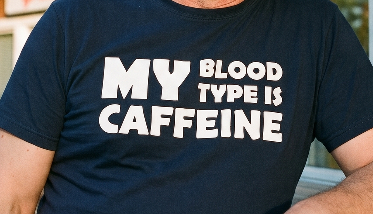 Close-up of the Caffeine Blood Type print, white ink on a navy t-shirt, Very Finnish Problems