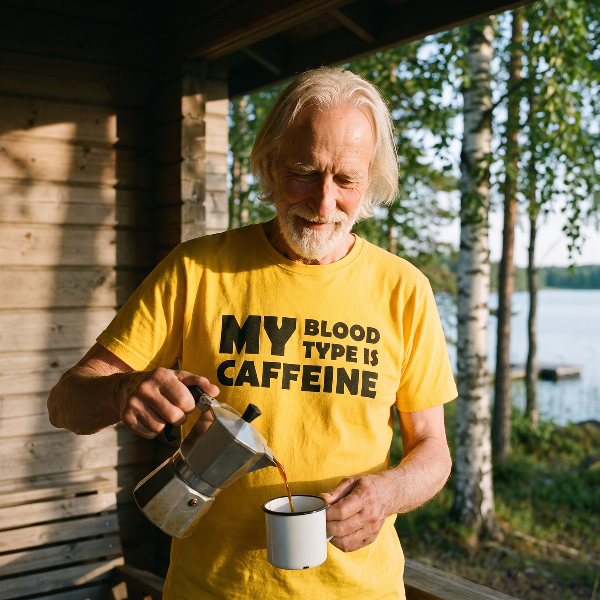 Caffeine Blood Type t-shirt in yellow, worn by Pertti pouring percolator coffee on a mokki veranda at midsummer, Very Finnish Problems