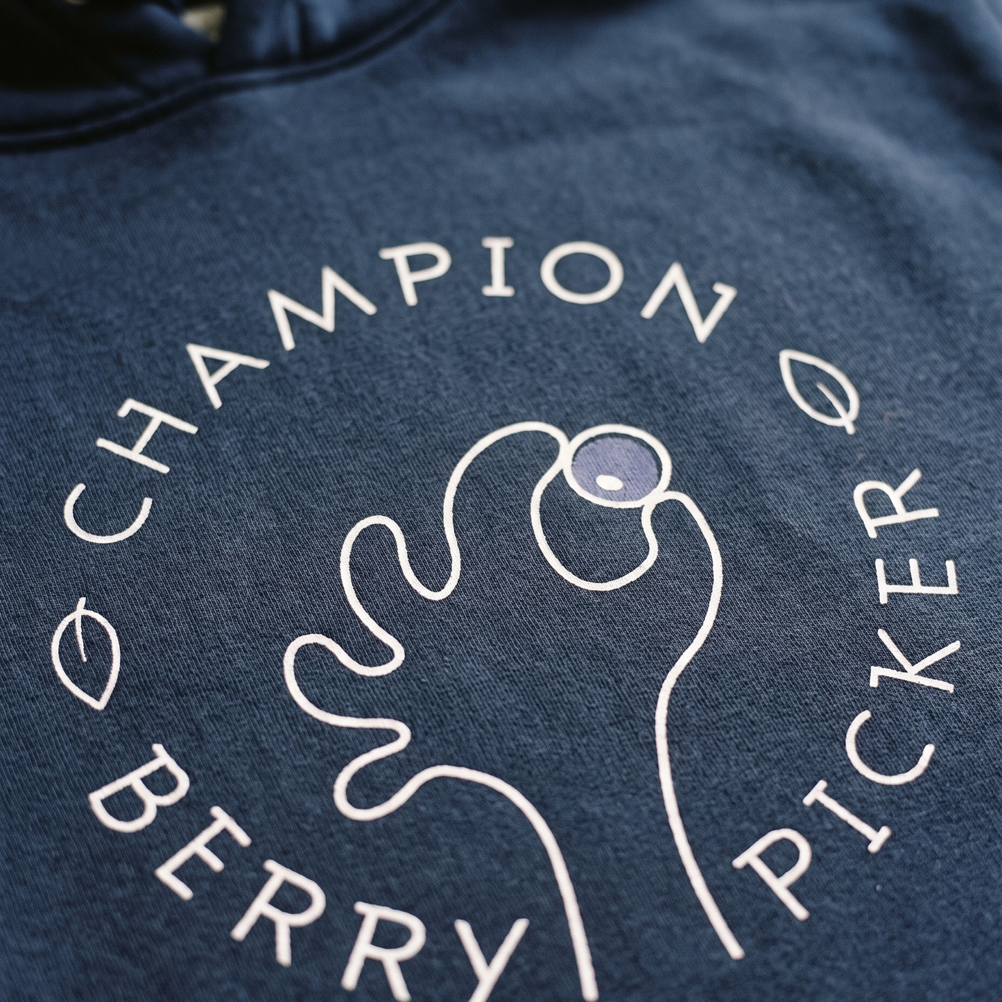 Champion Blueberry Picker print close up on navy hoodie fleece, Very Finnish Problems