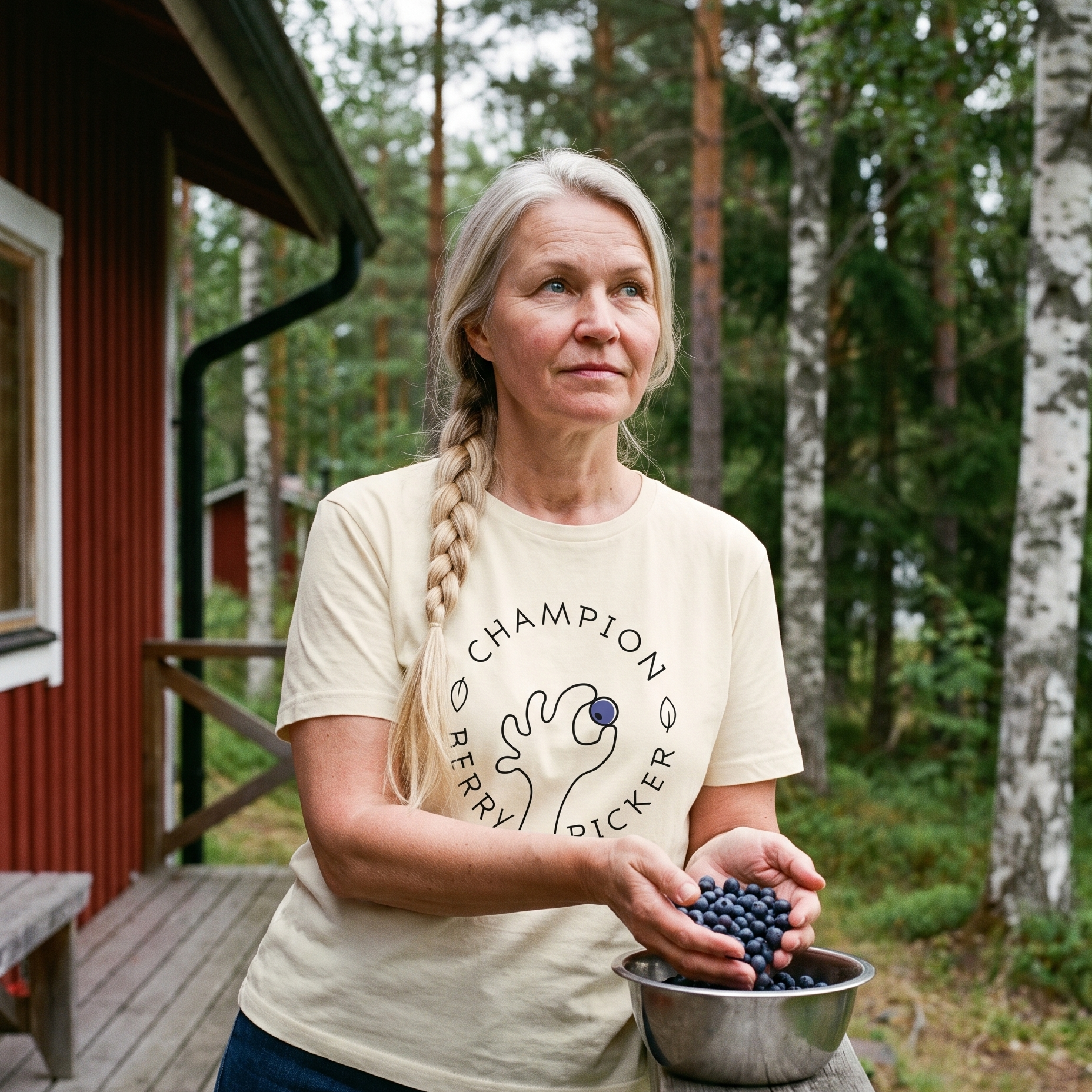 Champion Blueberry Picker t-shirt in soft cream, worn by Anneli tipping wild blueberries into a bowl on a cottage veranda, Very Finnish Problems