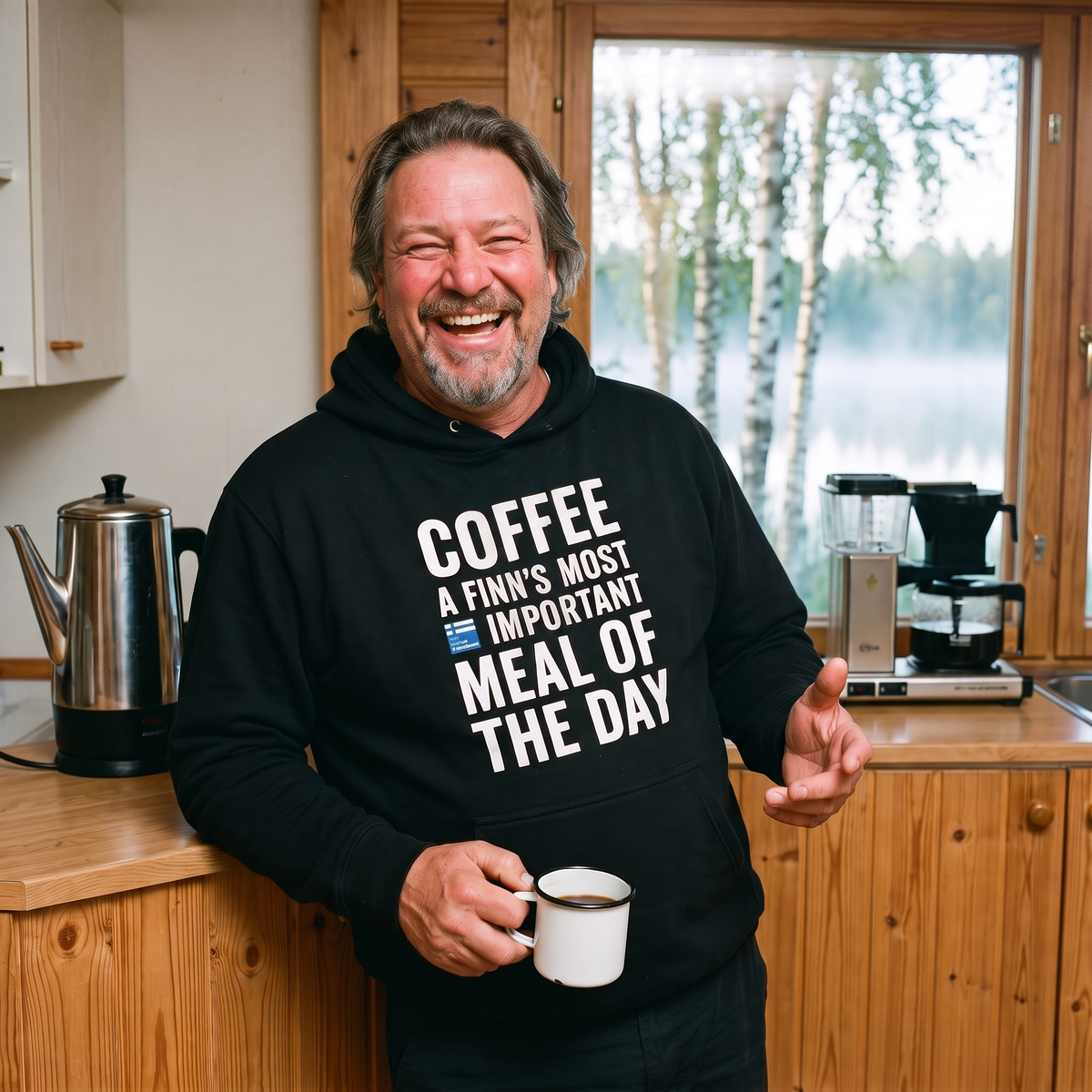 Coffee Meal of the Day hoodie in black, worn by Jojelli laughing with an enamel mug in a mokki kitchen at seven in the morning, Very Finnish Problems