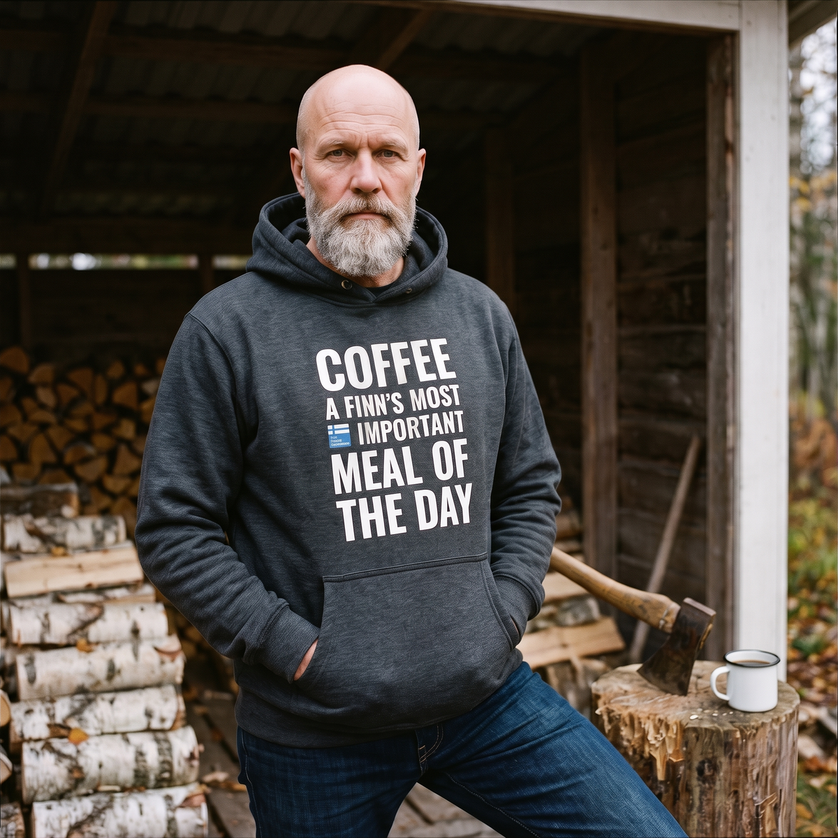 Coffee Meal of the Day hoodie in dark heather, worn by Mikko with his hands in the pocket in a cottage woodshed, Very Finnish Problems