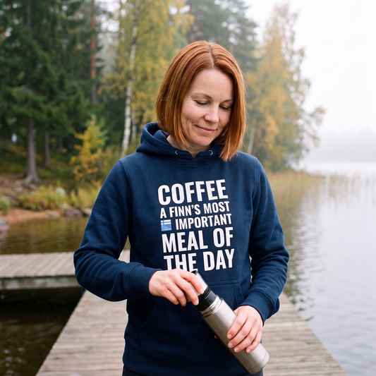 Coffee Meal of the Day hoodie in navy, worn by Sanna opening a thermos on a short lake jetty on a misty autumn morning, Very Finnish Problems