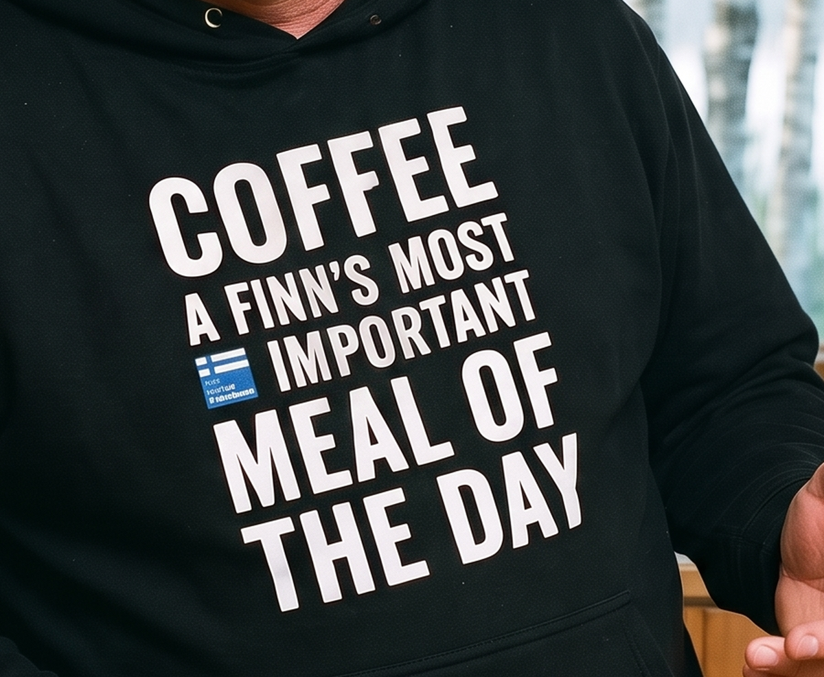 Close-up of the Coffee Meal of the Day print, white ink on a black hoodie, Very Finnish Problems