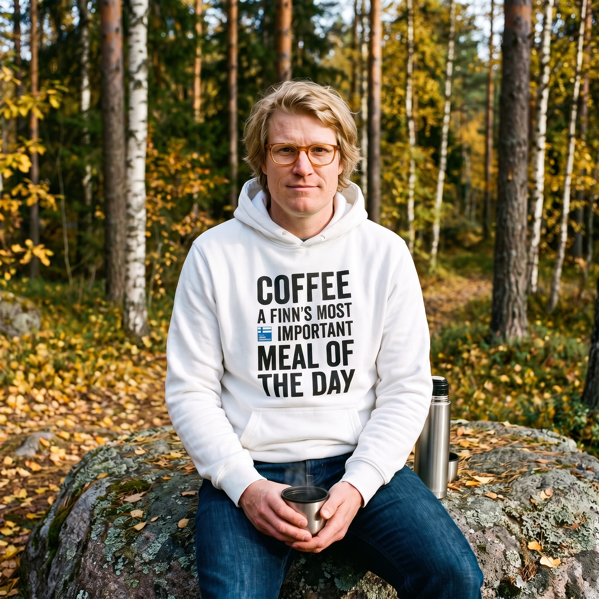 Coffee Meal of the Day hoodie in white, worn by Tuomas sitting on a granite boulder with a thermos cup in an autumn forest, Very Finnish Problems