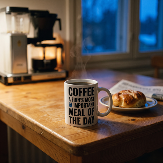 Coffee Meal of the Day mug in white, steaming on a pine kitchen table beside a pulla on a dark Finnish winter morning, Very Finnish Problems