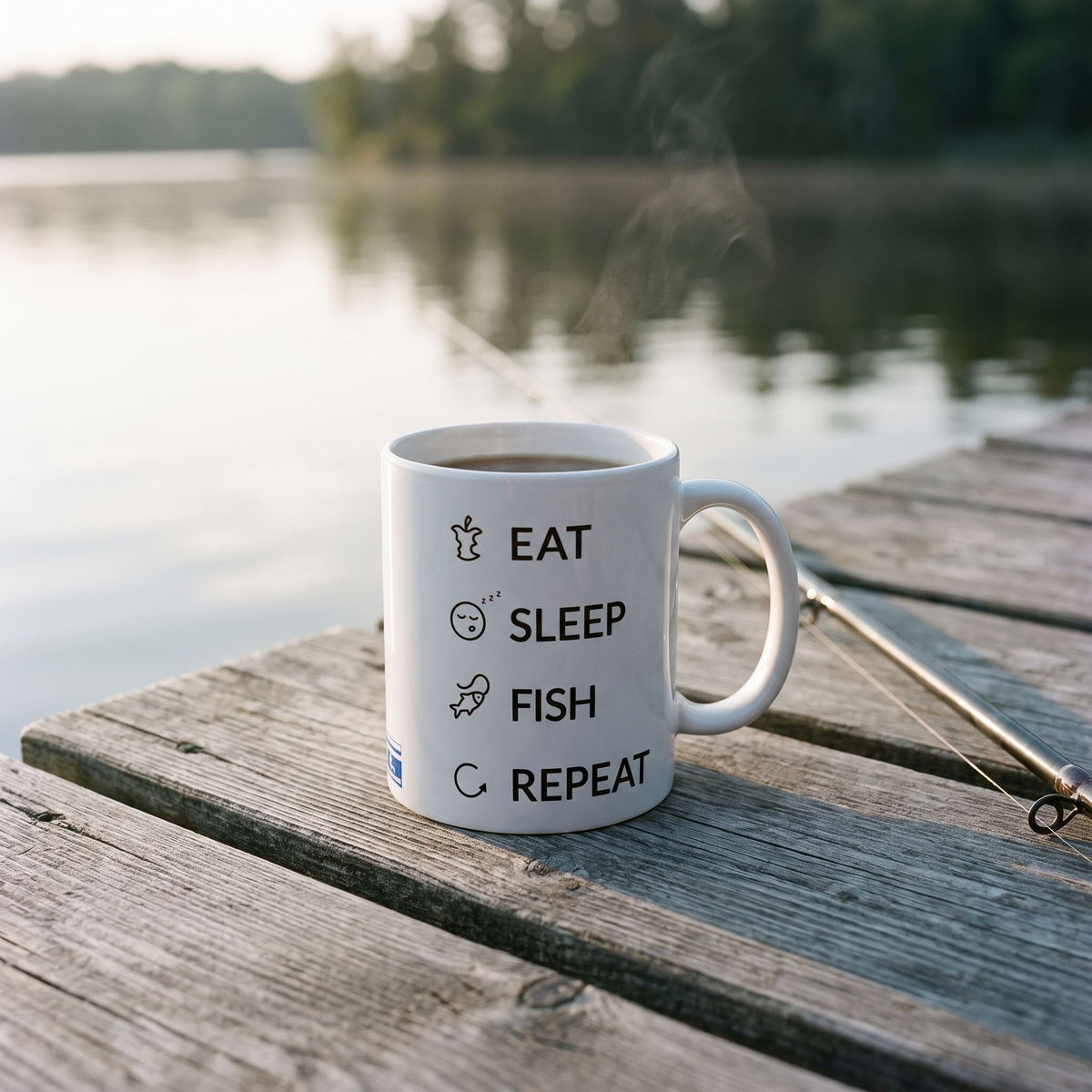Eat Sleep Fish Repeat mug in white, on a wooden lake jetty at dawn, Very Finnish Problems