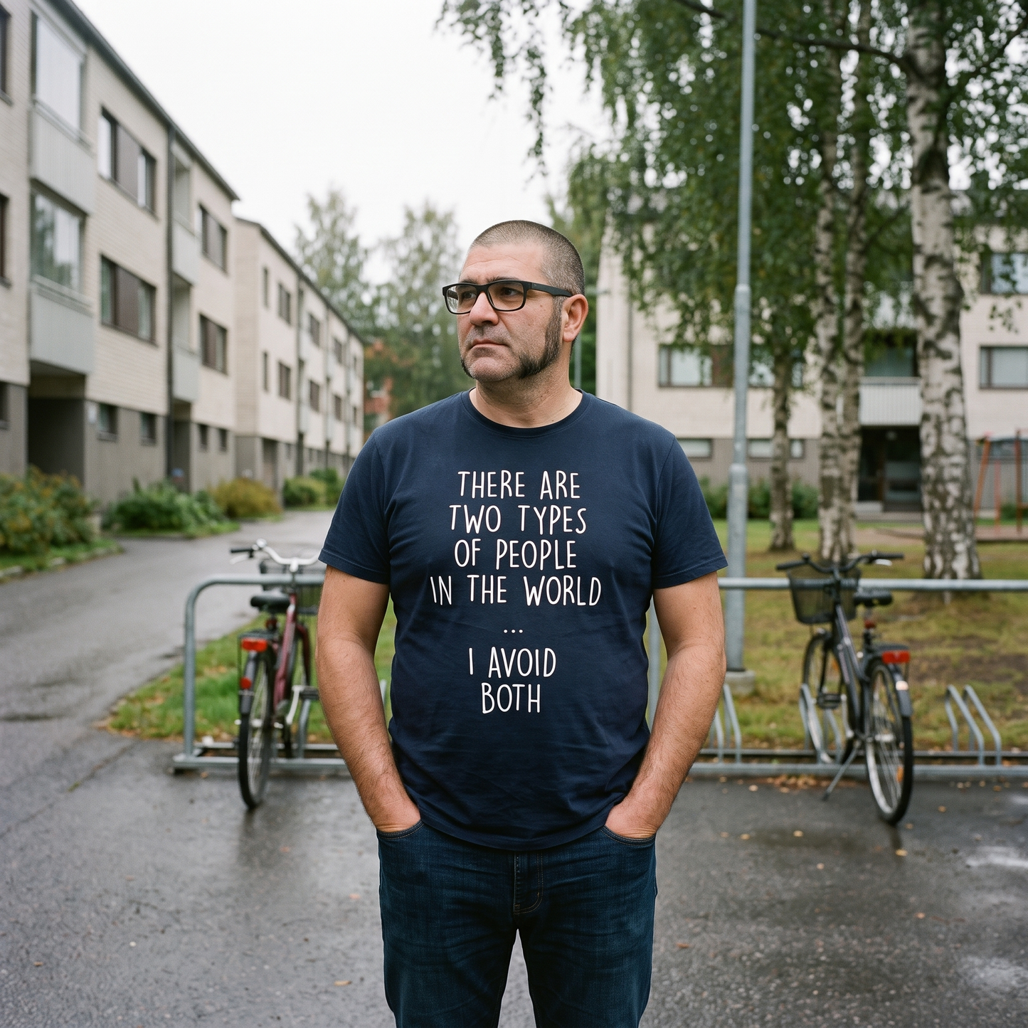 Two Types of People t-shirt in navy, worn by a man on a residential street, Very Finnish Problems
