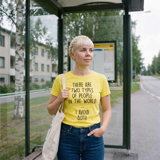 Two Types of People t-shirt in yellow, worn by a woman at a bus shelter, Very Finnish Problems