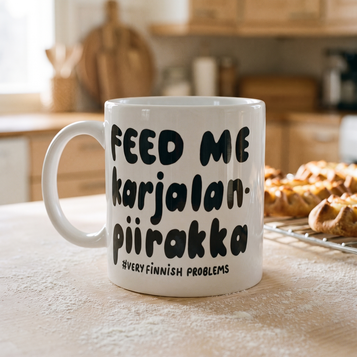 Feed Me Karjalanpiirakka mug in white, on a floured worktop beside a rack of Karelian pies, Very Finnish Problems