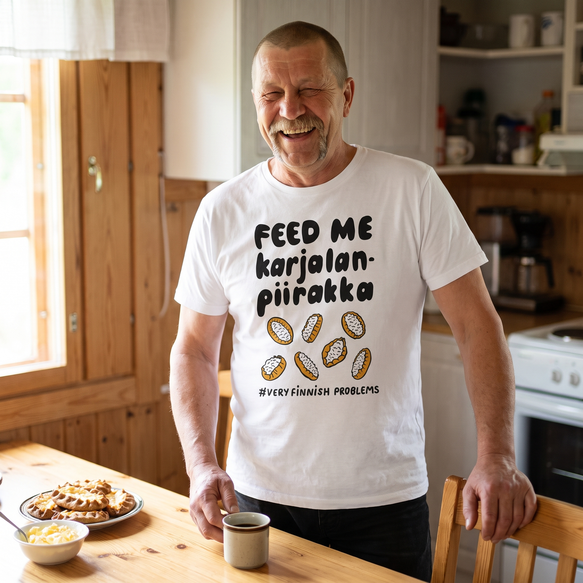 Feed Me Karjalanpiirakka t-shirt in white, worn by Juha laughing in a summer cottage kitchen beside a plate of Karelian pies, Very Finnish Problems