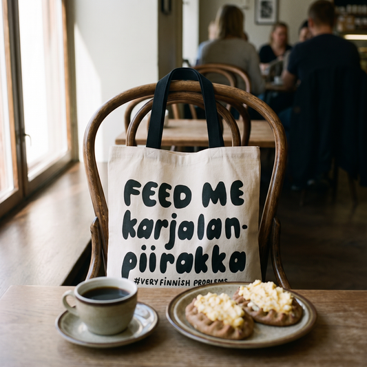 Feed Me Karjalanpiirakka tote bag on a bentwood cafe chair in Helsinki, beside a coffee and two Karelian pies with egg butter, Very Finnish Problems