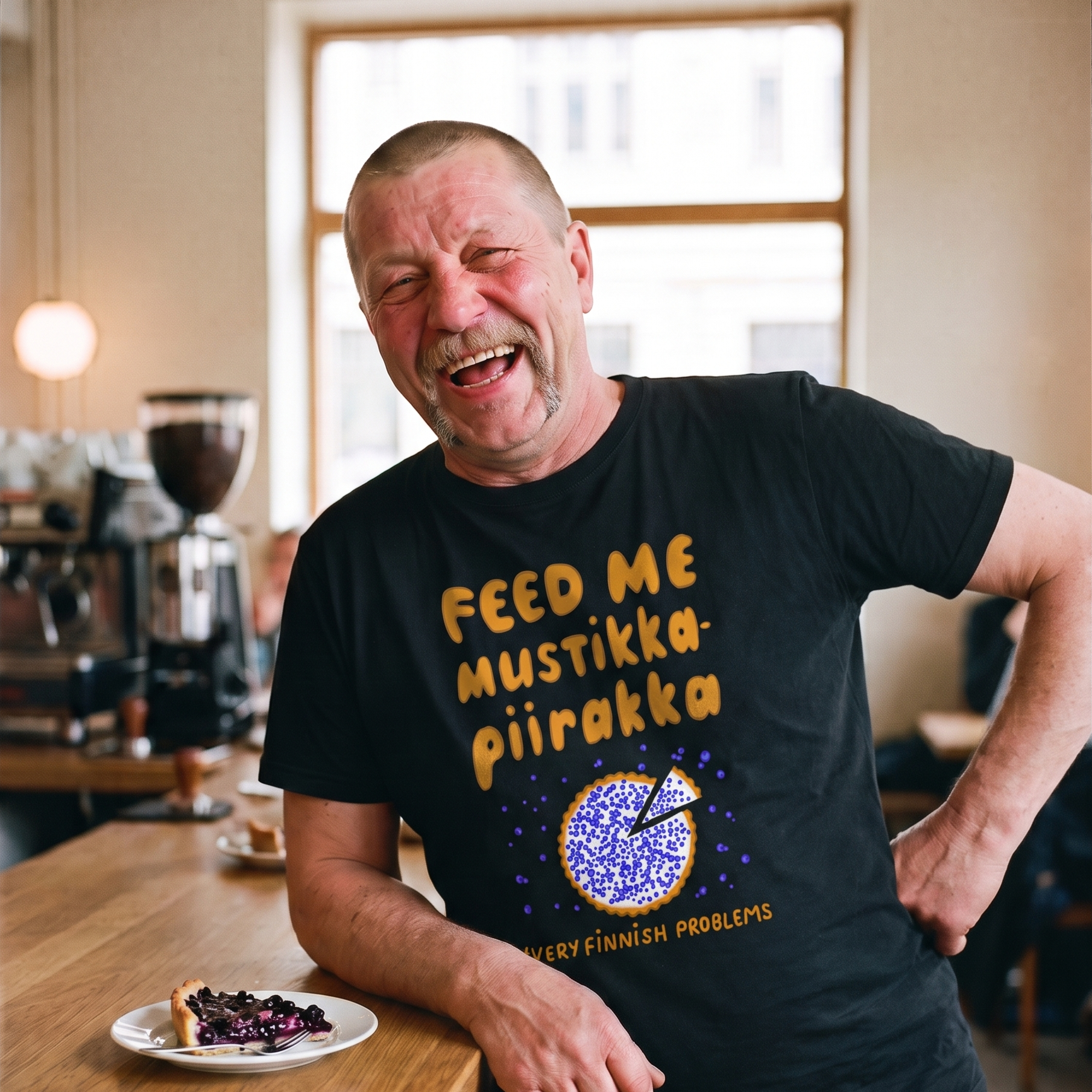 Feed Me Mustikkapiirakka t-shirt in black, worn by Juha laughing at a cafe counter with a slice of blueberry pie, Very Finnish Problems