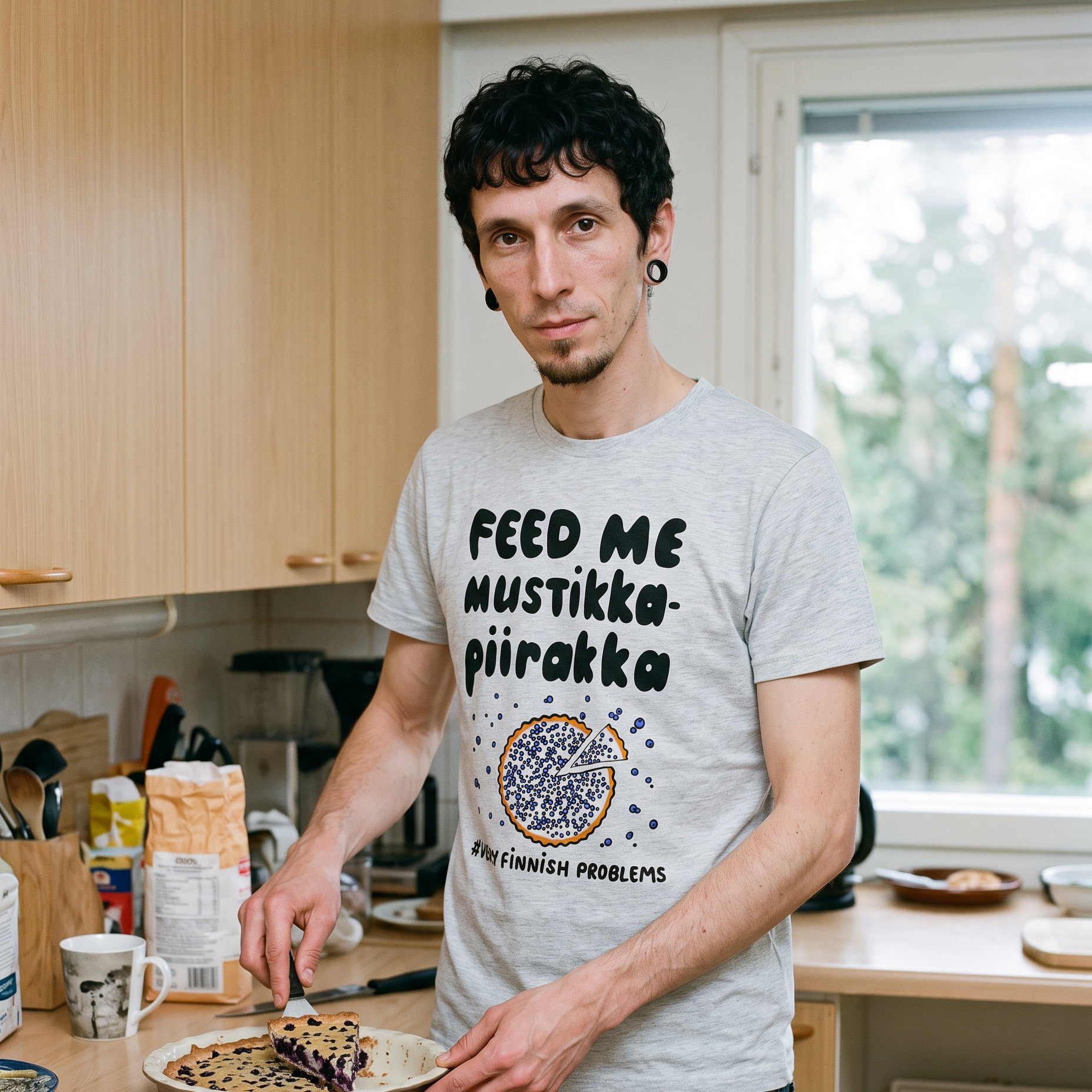 Feed Me Mustikkapiirakka t-shirt in light grey, worn by Tuomas cutting a slice of blueberry pie, Very Finnish Problems