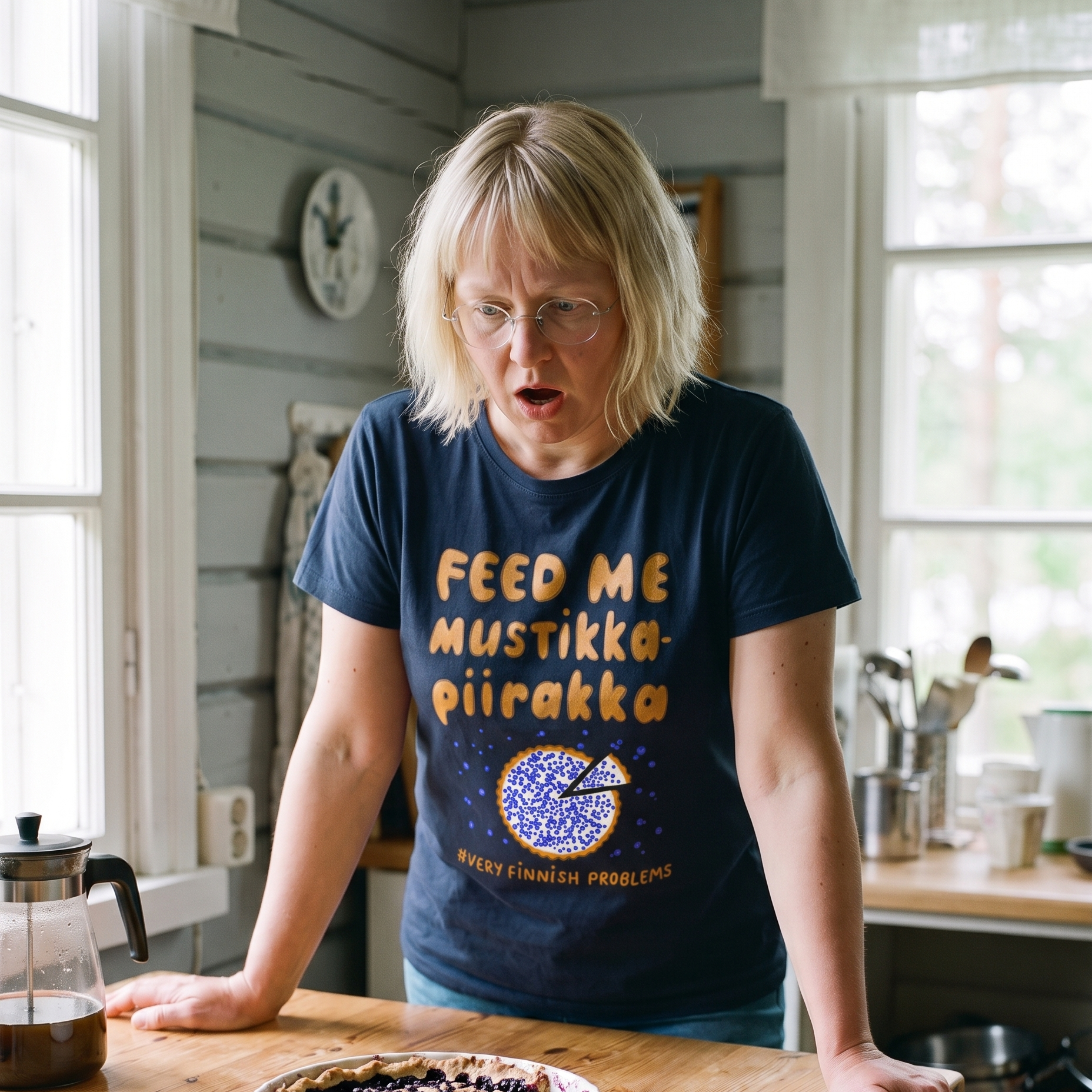 Feed Me Mustikkapiirakka t-shirt in navy, worn by Marika at a Finnish cottage kitchen table, Very Finnish Problems