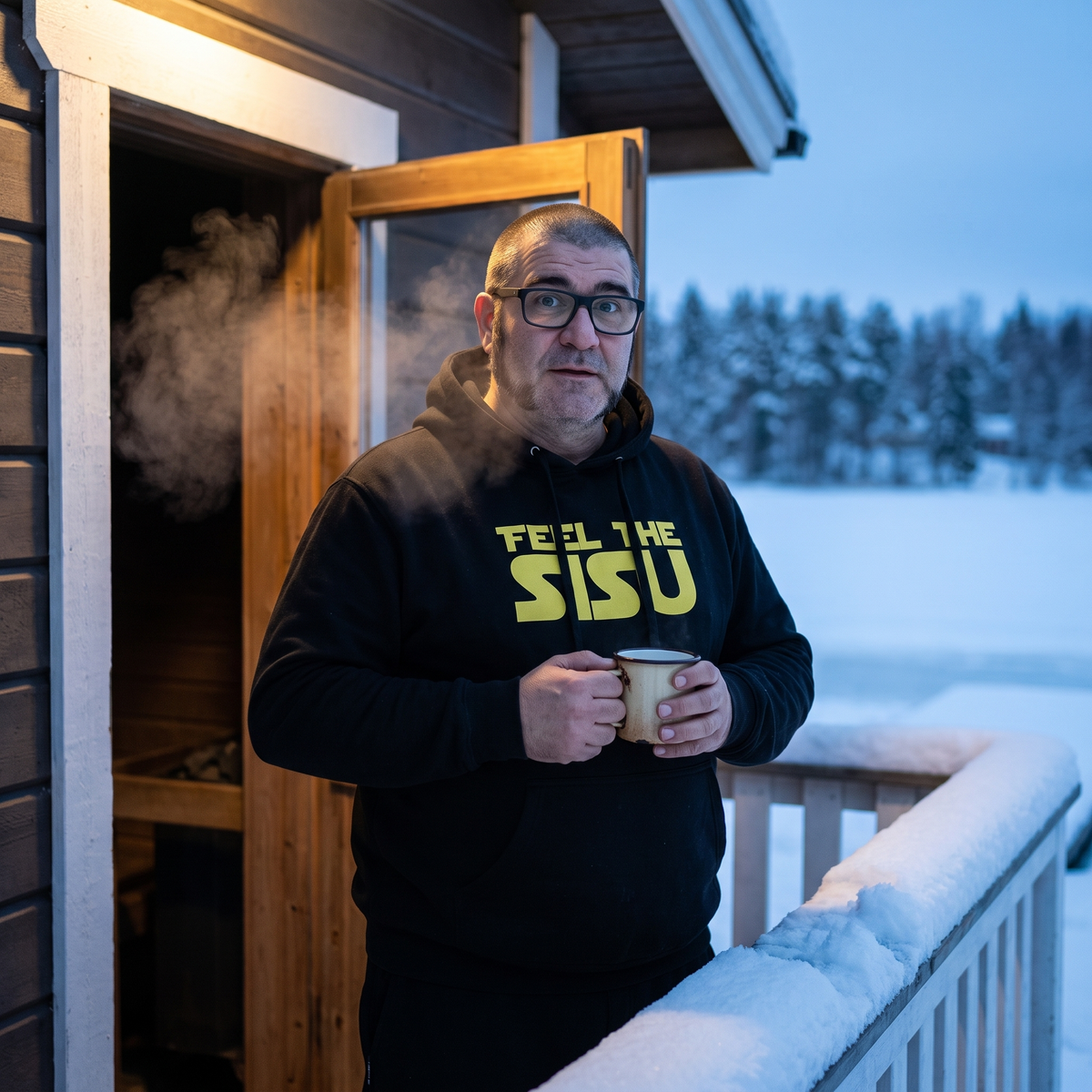 Feel the sisu Finnish culture hoodie in black, worn by Jaska on a winter sauna porch, Very Finnish Problems