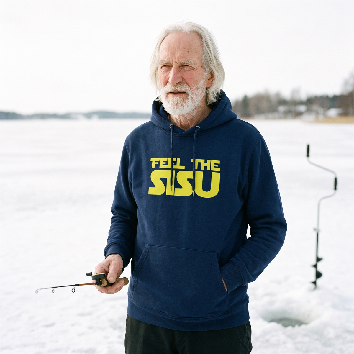 Feel the sisu Finnish culture hoodie in navy, worn by Pertti ice fishing on a frozen lake, Very Finnish Problems