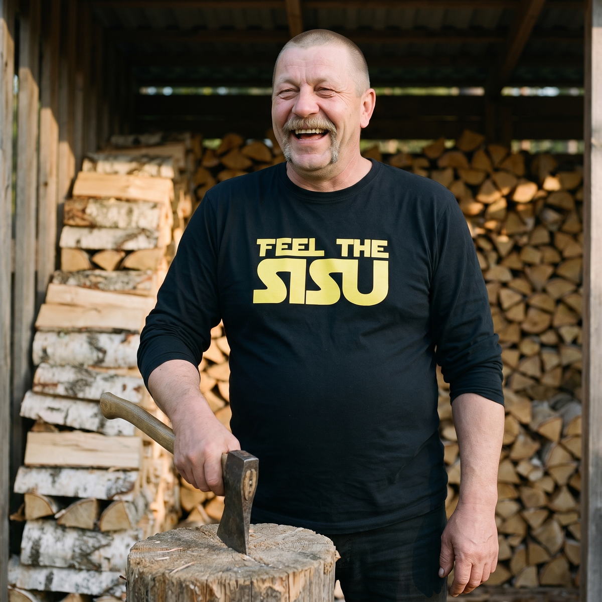 Feel the sisu Finnish culture long sleeve tee in black, worn by Juha laughing in a woodshed, Very Finnish Problems