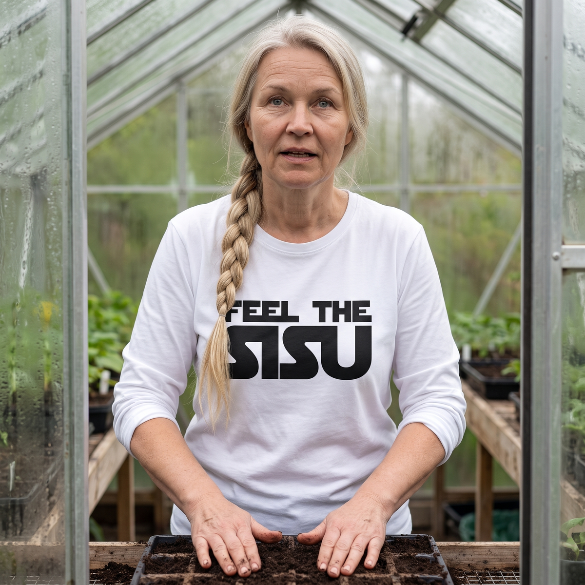 Feel the sisu Finnish culture long sleeve tee in white, worn by Anneli sowing seed trays in a greenhouse, Very Finnish Problems