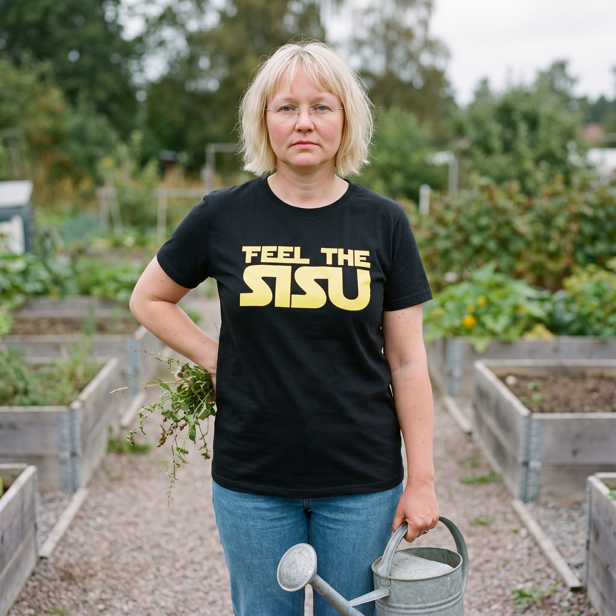 Feel the sisu Finnish organic cotton t-shirt in black, worn by Marika on an allotment path, Very Finnish Problems