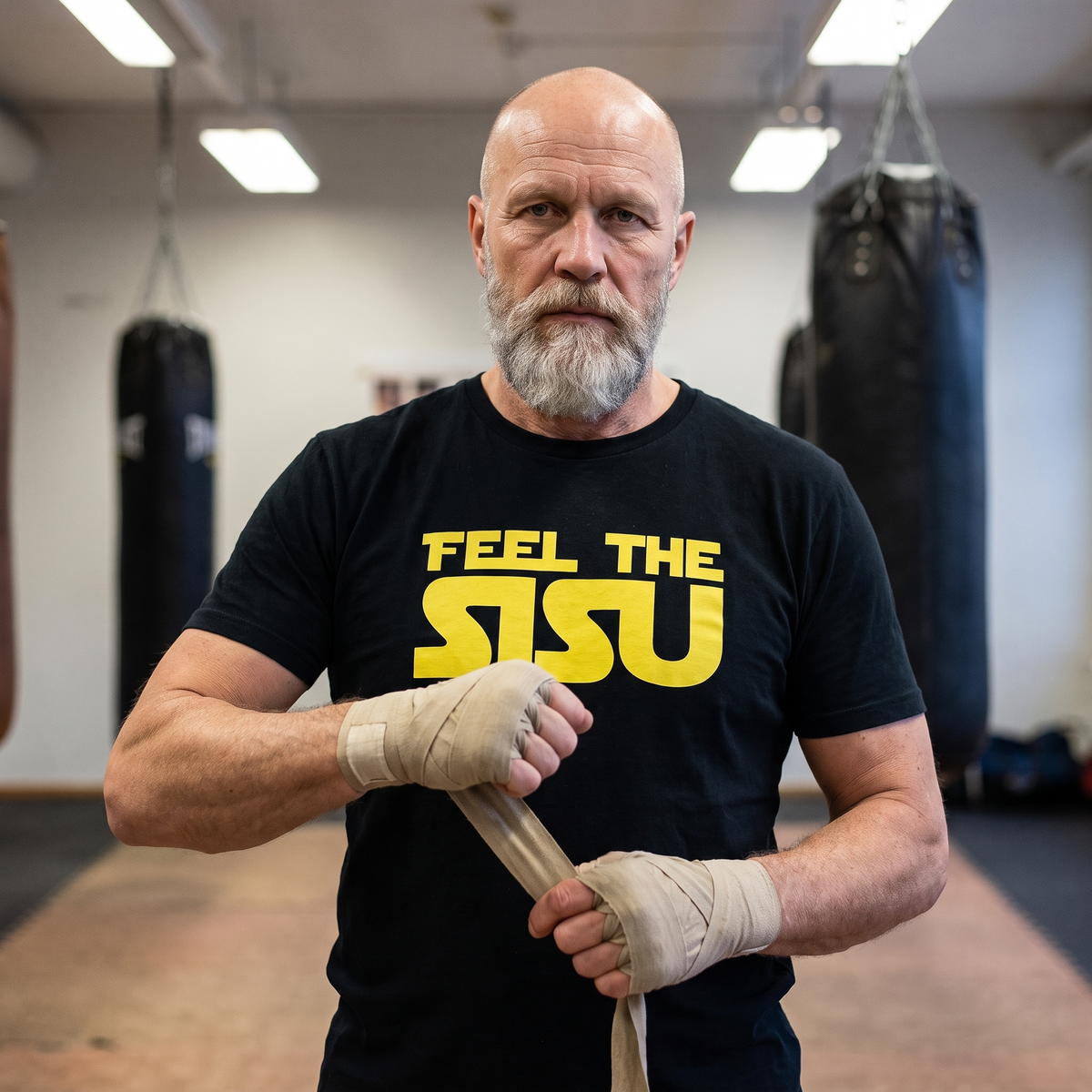 Feel the sisu Finnish culture t-shirt in black, worn by Mikko unwinding hand wraps in a boxing gym, Very Finnish Problems