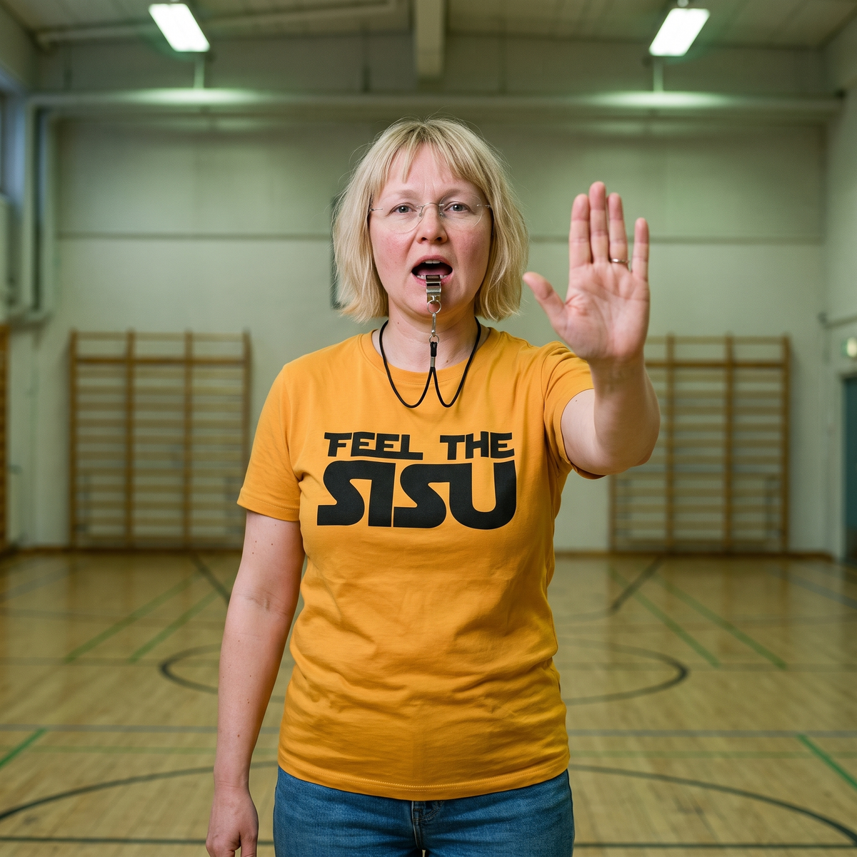 Feel the sisu Finnish culture t-shirt in gold, worn by Marika in a school gym hall, Very Finnish Problems
