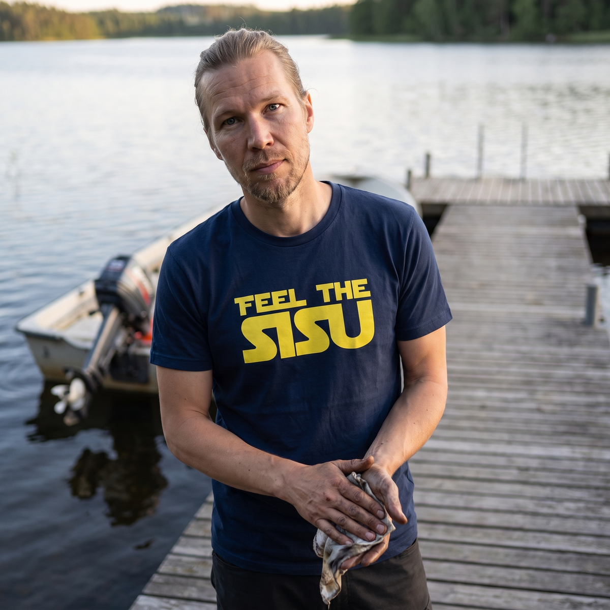 Feel the sisu Finnish culture t-shirt in navy, worn by Joonas on a lake jetty, Very Finnish Problems