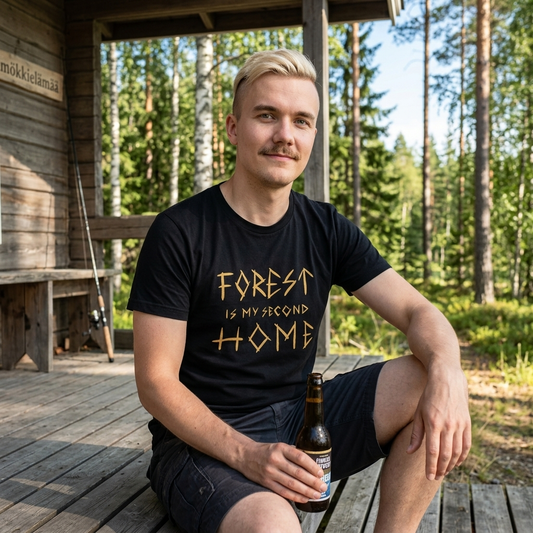 Man on Finnish summer cottage porch with beer wearing black Forest Is Home t-shirt