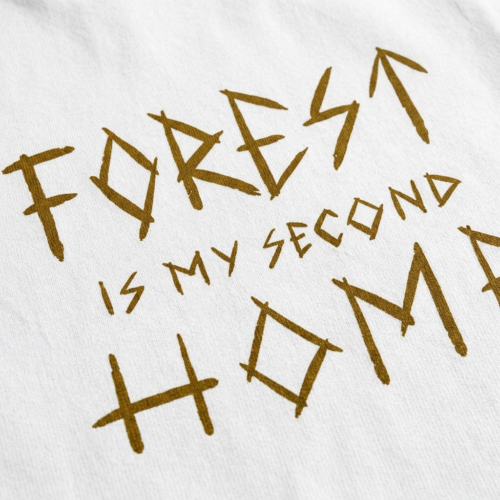 Close-up print detail of white Forest Is Home t-shirt