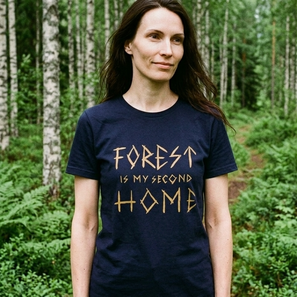 Woman in Finnish birch forest wearing navy Forest Is Home t-shirt