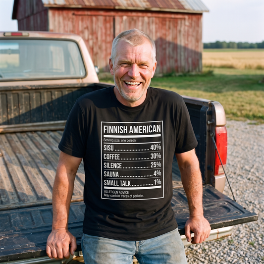Finnish American Ingredients t-shirt in black, worn by a man on a pickup tailgate outside a red barn in Upper Michigan, Very Finnish Problems