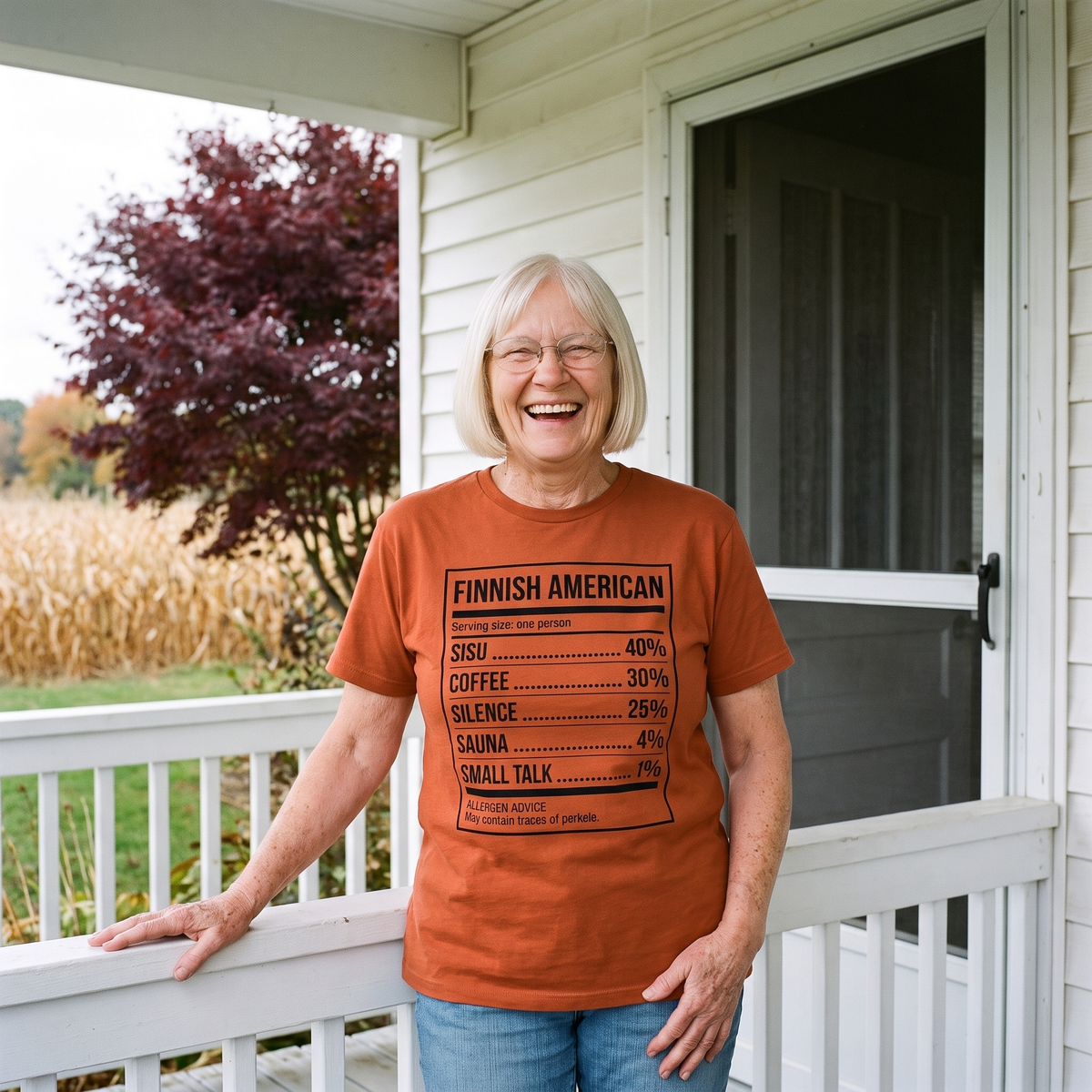 Finnish American Ingredients t-shirt in burnt orange, worn by a woman on a farmhouse porch swing, Very Finnish Problems