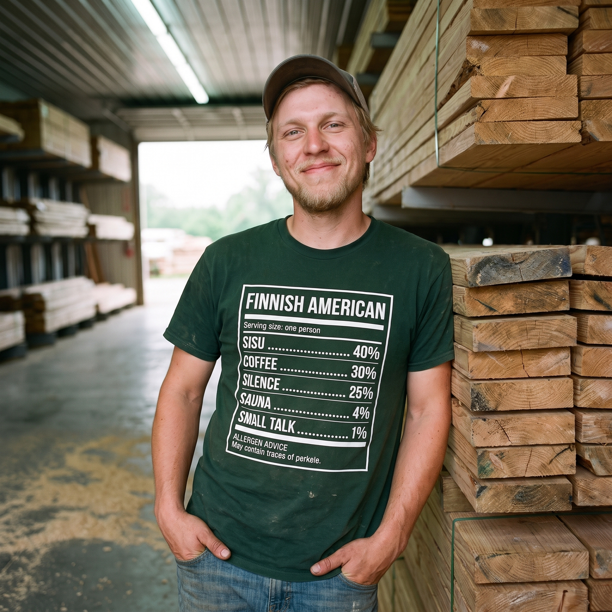 Finnish American Ingredients t-shirt in forest green, worn by a man in a lumber yard, Very Finnish Problems