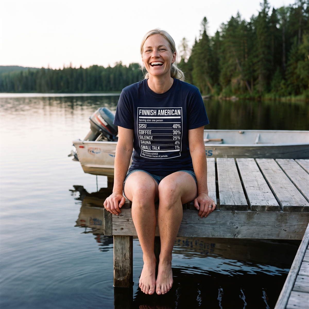 Finnish American Ingredients t-shirt in navy, worn by a woman on a Minnesota lake dock, Very Finnish Problems